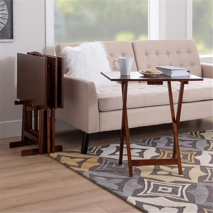 Pemberly Row Transitional Solid Wood Five Piece Tray Table Set in Hazelnut Brown