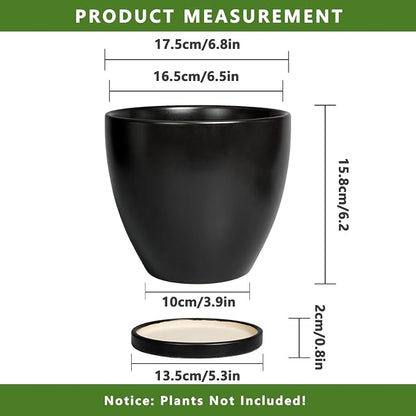 Ceramic Pots for Plants - 6.8 Inch Plant Pot with Drainage Hole and Saucer, Succulent Round Flower Planters for Indoor, Home Decor, Black