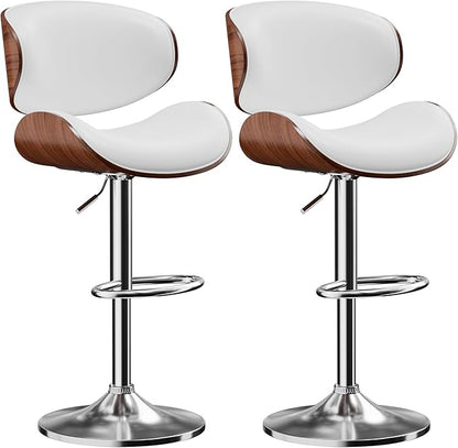 Aowos Bar Stools Set of 2, Adjustable Swivel Leather Bar Stools for Kitchen Island, Mid Century Modern Counter Height Bar Chairs Barstools with Back & Footrest (White)