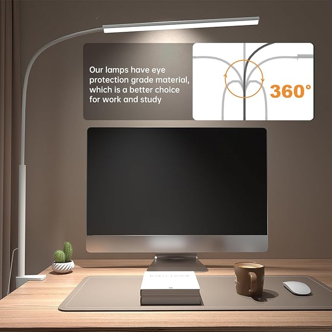 LED Desk Lamp with Clamp, Eye-Protection Clip on Desk Lamp, 5 Modes 10 Brightness Adjustment, 360°Flexible Gooseneck Lamp for Home Office, Lamps with USB Adapter，White