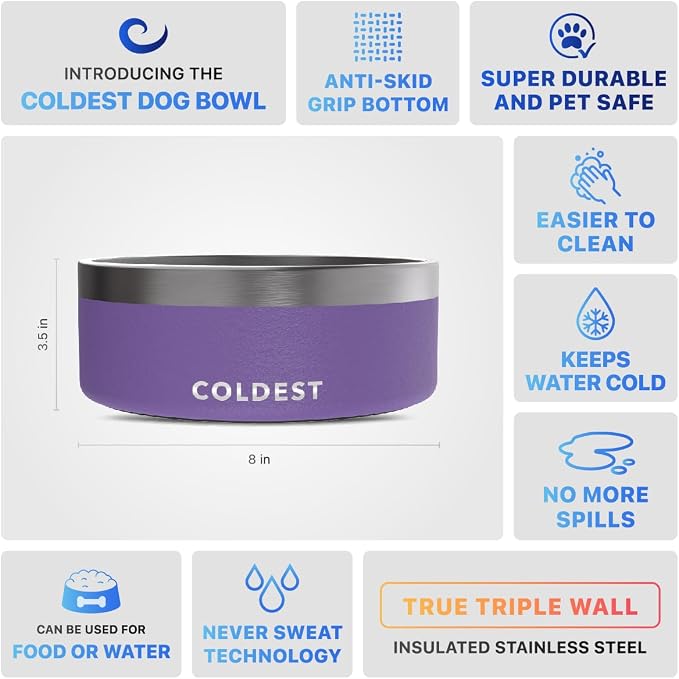 Coldest Dog Bowl - Anti Rust Metal, Non Slip, 3 Layers Insulated Stainless Steel Dog Bowls - Spill Proof & Heavy Duty - Water Bowl for Dogs, Cats & Pets, Dish Washer Safe (64 oz, Galaxy Purple)