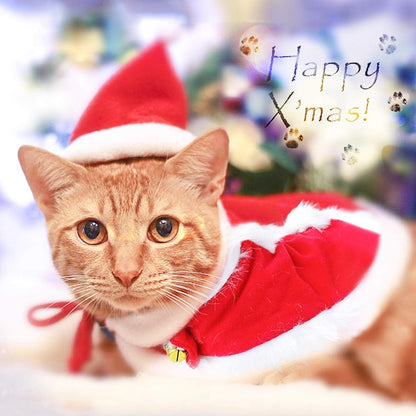 Enjoying Cat Christmas Costume, Pet Santa Claus Hat with Xmas Clothes for Cats Small Dogs, Kitten Christmas Warm Cloak Coat, New Year Puppy Red Hat Outfit