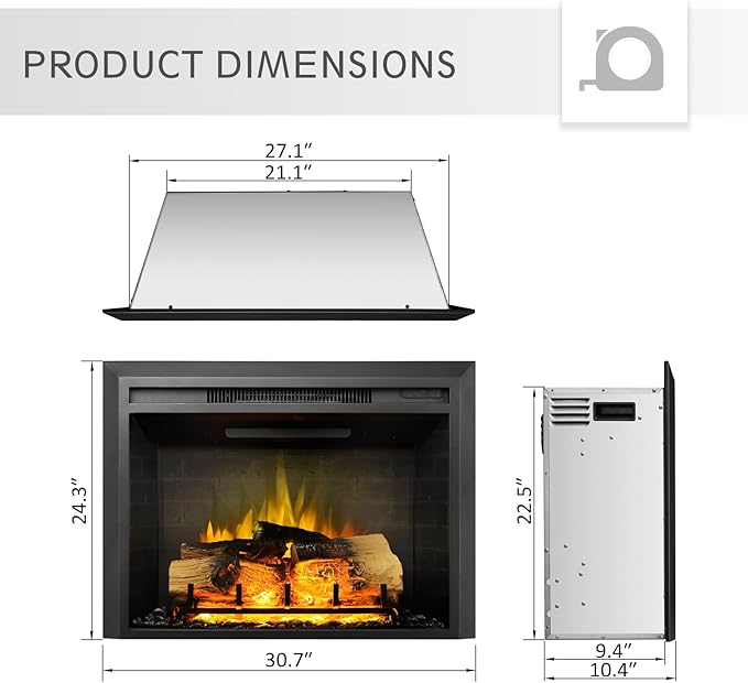 LegendFlame Carl 30" W Electric Fireplace Insert, Fireplace Heater 750/1500W