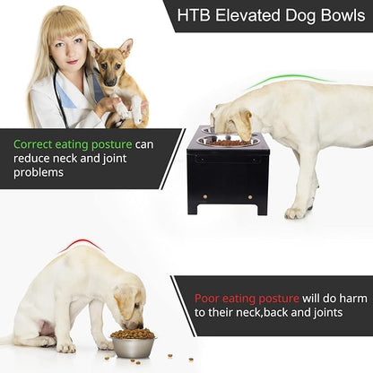 HTB Elevated Dog Bowl Stand with 2 Stainless Steel Bowls-7" H Medium Black | Raised Dog Bowl Stand, 7"tall, 29 Oz Bowls, for Medium Sized Dogs, Pet-safe, Solid Bamboo