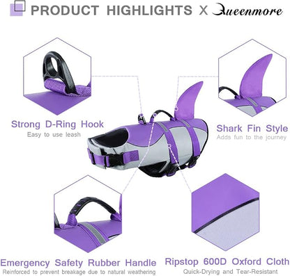 Dog Shark Life Jacket with Rescue Handle - Adjustable Reflective Dog Life Preserver for Small Dogs, Purple