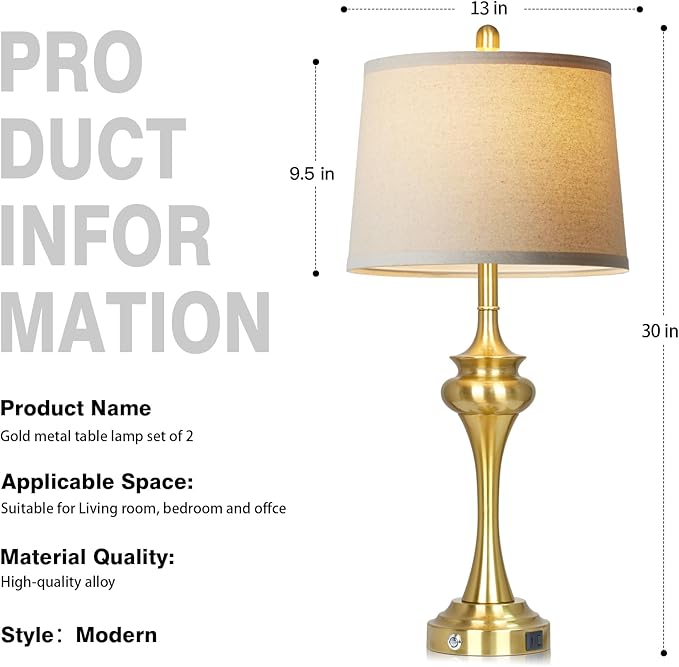 30" Gold Tall Table Lamps for Living Room, Touch Control Modern Bedroom Table Lamp with USB A+C Ports, 3-Way Bedside Lamps Set of 2, Elegant Metal Lamp for Night Stand Desk Side Table Office