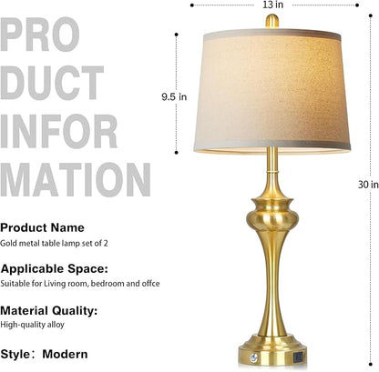 30" Gold Tall Table Lamps for Living Room, Touch Control Modern Bedroom Table Lamp with USB A+C Ports, 3-Way Bedside Lamps Set of 2, Elegant Metal Lamp for Night Stand Desk Side Table Office