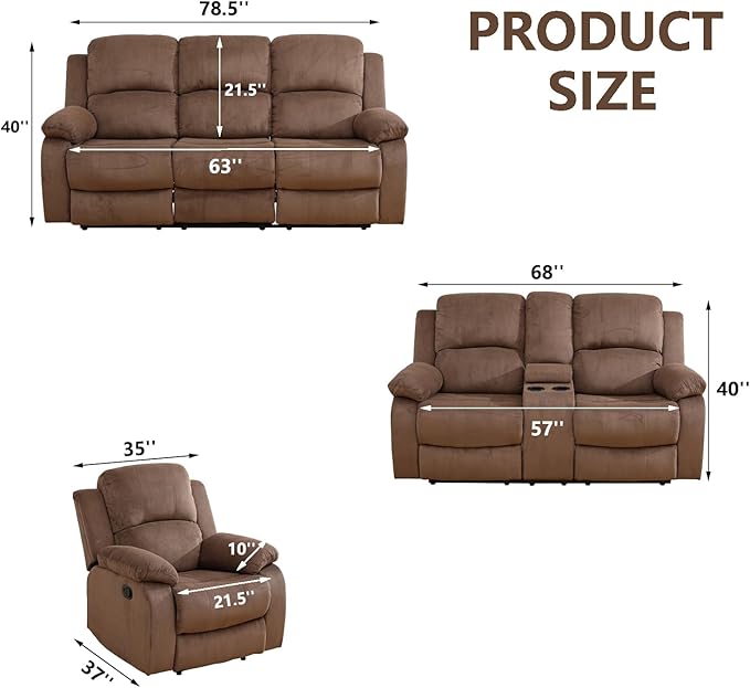 Manual Recliner Sofa Set,Microfiber Reclining Couch Set,Modern Living Room Furniture Set,Reclining Sofa Couch Chair for Living Room Home Office(Brown,3 Pieces Set)