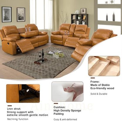 A Ainehome 3 Pieces Living Room Furniture Sets, Manual Leather Recliner Sofa Set with Storage, Reclining Couch Loveseat Chair Furniture Sofa Set for Living Room/Rv/House/Office