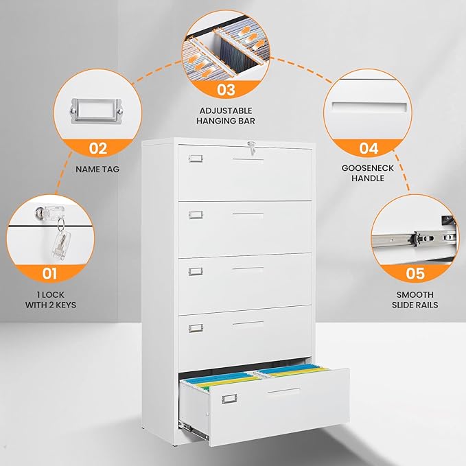 5 Drawer File Cabinets for Home Office, Metal Filing Cabinet