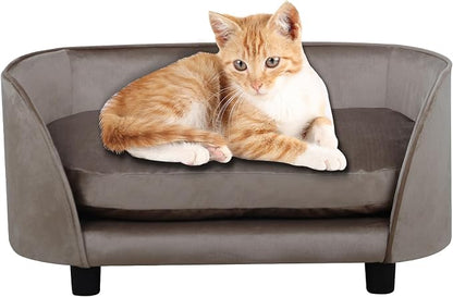 Pet Sofa Bed,Cat Sofa Couch,Small Dog Beds,Pet Sofa Couch, Cat Beds,Wooden Frame and Velvet Fabric and Washable Cushion, Comfy Dog Couch for for Small Dogs &Cats&Puppy (Brown)