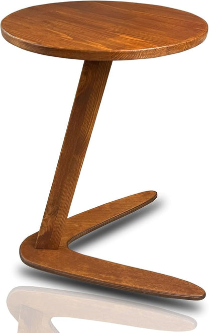 C-Shaped Handmade Solid Wood End Table, Side Table for Couches, Sofa Tables Slide Under Couch for Living Room, Over Couch TV Tray Table for Small Spaces (Medium, Chestnut)
