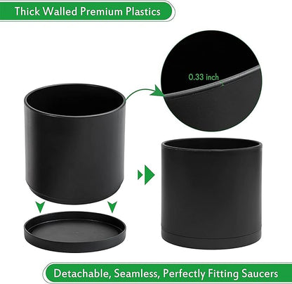 D'vine Dev 12 Inch Plastic Planter Pots for Plant Pot with Drainage Hole and Seamless Saucers, Black Color, 74-X-B-3