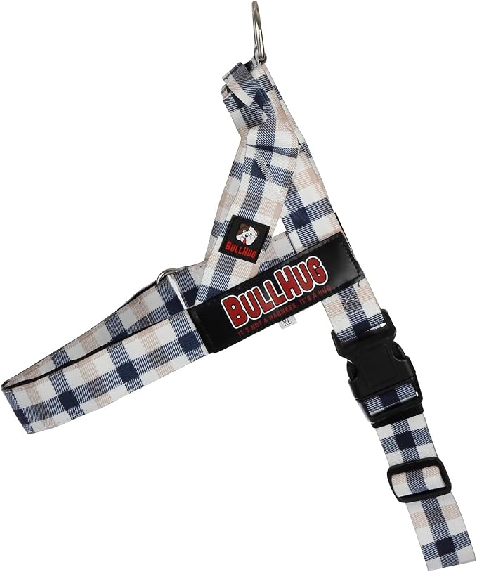 Adjustable Dog Harness– No Pull, No Choke – for English Bulldogs, French Bulldogs, Pugs & Broad-Chested Breeds – Easy, Safe Walks (Blue TAN Plaid, Medium)
