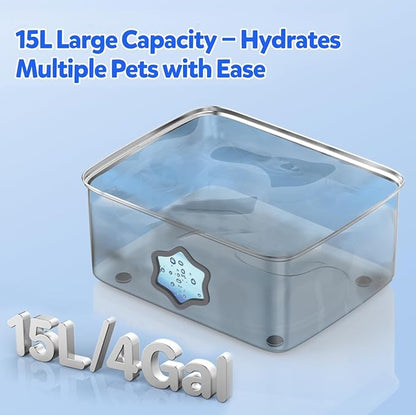 Kastty 4Gal/15L Stainless Steel Dog Water Fountain for Pets, Inside, FS81 | 5-Stage Filtration, Dual-Color LED, Visual Window, Large Medium & Multi-Pet