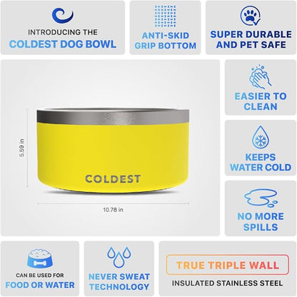Coldest Dog Bowl - Anti Rust Metal, Non Slip, 3 Layers Insulated Stainless Steel Dog Bowls - Spill Proof & Heavy Duty - Water Bowl for Dogs, Cats & Pets, Dish Washer Safe (200 oz, Solar Yellow)