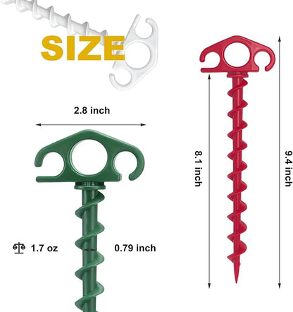 COBARYEN Plastic Inflatable Stakes, Tent Stake 6 Pack Sand Stakes for Beach 9.4 Inch Heavy Duty Spiral Yard Stakes for Camping, Party and Outdoor Halloween Christmas Decorations (9, Red+Green+White)