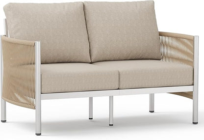 Aluminum Outdoor Patio Couch Loveseat, HDPE Rope Patio Sofa with Washable Thick Cushion, All-Weather Patio Furniture for Balcony, Yard, Silver Frame, Beige