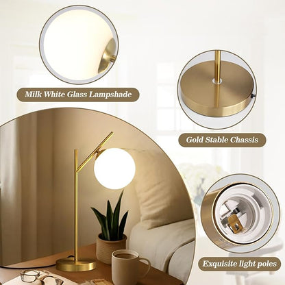 Globe Table Lamp Set of 2, Brass Glass Globe Desk Lamp with Milky White Glass Shade, Contemporary Metal Bedside lamp for Bedroom Living Room Study Room