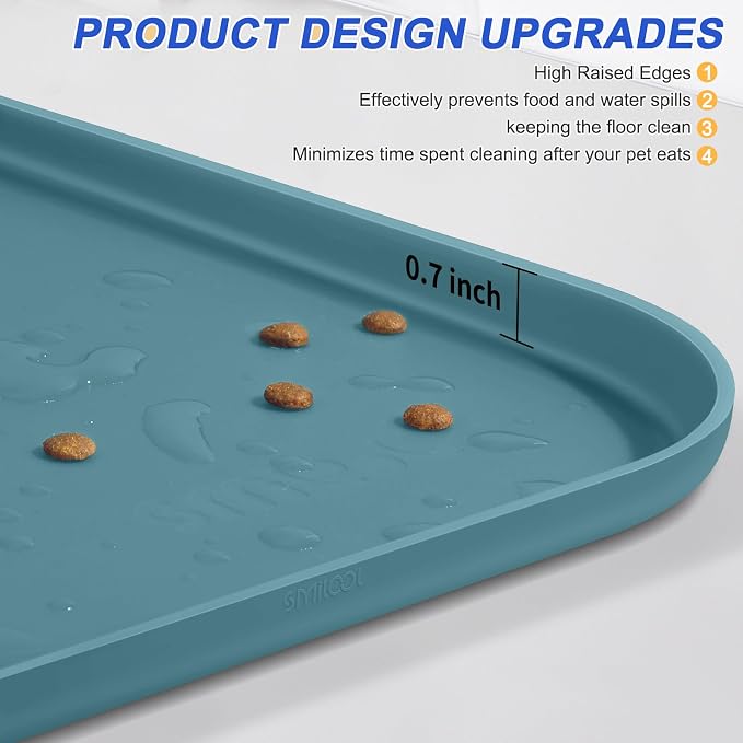 SMILOOL Waterproof Silicone Pet Food Mat with Raised Edge for Dog & Cat | 19" x 12" Non-Slip Pet Feeding Mats with Lip for Food & Water Bowl, Food Grade, Easy Cleaning, Salte Blue