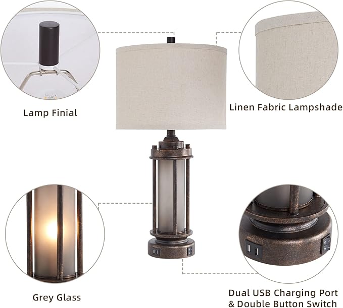 Set of 2 Farmhouse Lamps for Living Room, Rustic Vintage Bedroom Nightstand Table Lamp with 2 USB Charging Ports, Built-In Frosted Glass Night Light for End Table Entryway, 4 Bulbs Included (Bronze)