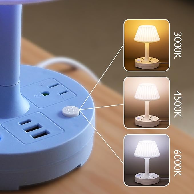 Table Lamp with USB Port and Outlet, Small Desk Lamp for Bedroom, 3-Colors Dimmable LED Lamps Eye Care Night Stand Lights, USB Charging Desk Lights for Home Office/Living Room