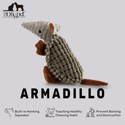Hollypet Plush Dog Squeaky Toy Stuffed Armadillo Animal Pet Puppy Chew Toys with Clean Teeth for Small Medium Large All Breed Sizes Dogs, Olive Drab, 8 in