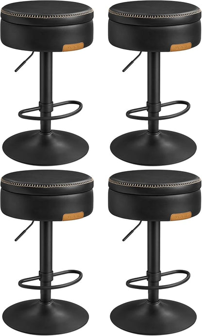 VASAGLE EKHO Collection - 360° Swivel Bar Stools Set of 4, Height Adjustable Barstools with Storage, Synthetic Leather with Stitching, Mid-Century Modern, Kitchen Bar, Easy Assembly, Ink Black