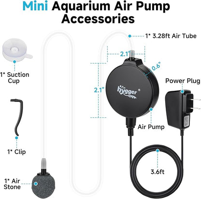 hygger 1.5 Watt Mini Aquarium Air Pump, Quiet Aerator with Air Stone Tubing Suction Cup Clip, Small Fish Tank Bubbler Oxygen Pump for 1 to 15 Gallon Betta Tank, Fish Bowl, Desk Small Tank