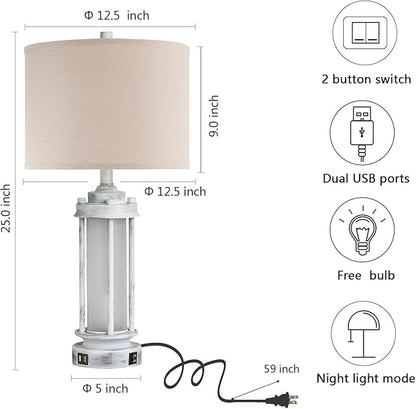 25" Rustic Table Lamps Set of 2, Vintage Nightstand Lamps with 2 USB Ports, Farmhouse Antique White Desk Lamp with Glass Night Light for Living Room Bedroom Dorms, 4 Bulbs Included