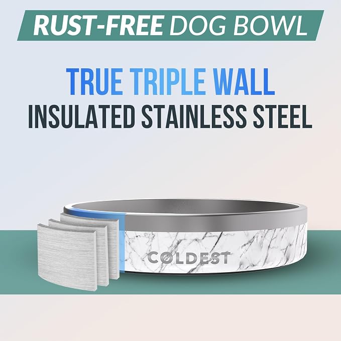 Coldest Dog Bowl - Anti Rust Metal, Non Slip, 3 Layers Insulated Stainless Steel Dog Bowls - Spill Proof & Heavy Duty - Water Bowl for Dogs, Cats & Pets, Dish Washer Safe (21 oz, Carrara Marble)