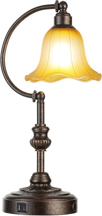 RORIA Touch Farmhouse Table Lamp for Living Room, 3-Way Dimmable Rustic Nightstand Lamp with USB A+C Ports, Vintage Retro Lamp for Bedroom End Table with Amber Glass Shade, LED Bulb Included (Bronze)