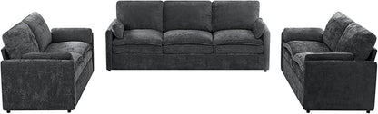 3 Pieces Chenille Sofa Set w/Arm Pillows, Upholstered 2 Pieces Loveseat & 3 Seater Sofa w/Comfortable Back Cushions, Modern 2-Seat & 3-Seat w/High-Density Foam for Living Room, Grey