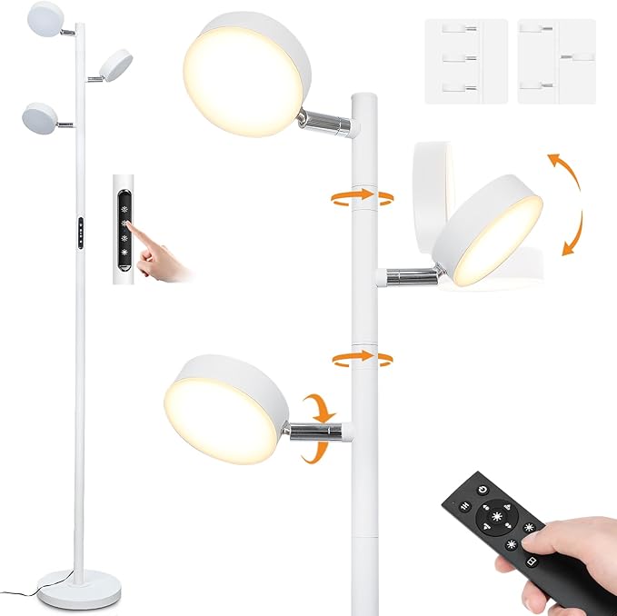 White Floor Lamp with Remote Tall Standing Lamps 30W LED Tree Floor Lamp with 3 Adjustable Heads Touch Control Timer 4 Color Temperatures Light Lamps for Living Room Office Bedroom Crafting