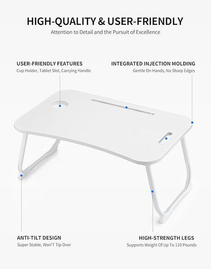 ZEAPTAC Laptop Bed Desk, Foldable Lap Desk, Portable Lap Table, Laptop Stand with Cup Holder & Tablet Slot & Lifting Handle for Working Writing Drawing & Eating - White