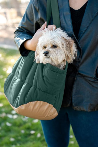 Plush Dog Purse Carrier for Small Dogs, Soft Dog Tote Bag with Safety Harness Clip, Cozy Pet Carrier for Dogs Under 15 lbs, Comfortable Dog Shoulder Carrier for Travel, Green