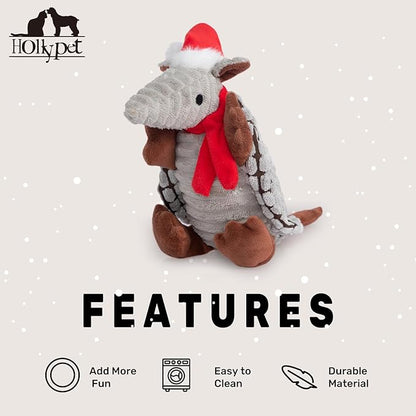 Hollypet Plush Dog Squeaky Toy Stuffed Armadillo Animal Pet Puppy Chew Toys with Clean Teeth for Small Medium Large All Breed Sizes Dogs, Christmas Gray, 8 in