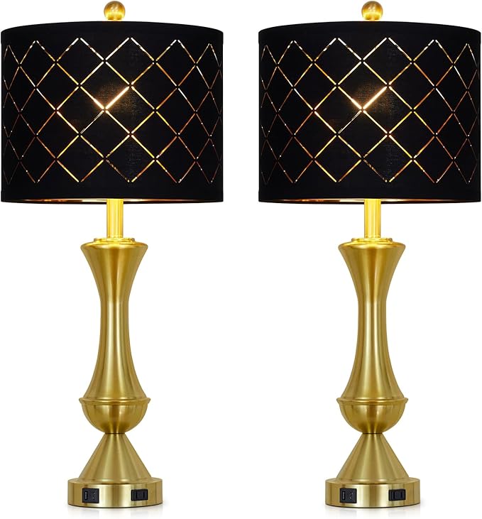 29" Gold Modern Table Lamps Set of 2, 3-Way Dimmable Touch Lamps for Nightstand with USB A+C & Outlets,Brass Lamps for Living Room, Bedroom, Nightstand, Entryway(2 Bulbs Included)