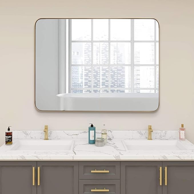 ANDY STAR Gold Bathroom Mirror, 30x36 Brushed Brass Rectangle Mirror