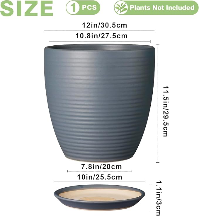 12 Inch Pots for Plants Ceramic Planter Pot Large Flower Pot with Drainage Hole and Saucer for Home Patio Garden Office Indoor Outdoor Gray
