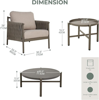 Grand patio 4-Piece Outdoor Furniture Set, Outdoor Sofa Set with 2 Round Side Tables, Modern Metal Patio Couch with 6-inch Thick Waterproof Cushions for Porch Deck Backyard, Beige