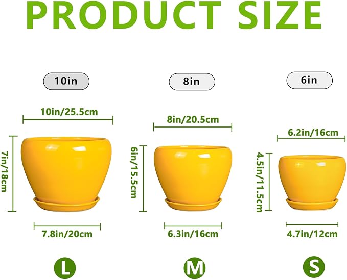 Ceramic Planters Set of 3 - Modern Round 10+8+6 Inch Plant Pots with Drainage Holes and Plant Trays for Indoor Outdoor Flowers, Decorative Garden Room Home Decor, Housewarming Gifts, Yellow