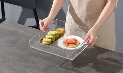 Clear Sturdy Acrylic Serving Tray with Handles-12x12 Inch-Serving Coffee,Appetizer,Breakfast,Butler-Kitchen Countertop Makeup Drawer Organizer-Vanity Table,Ottoman Tray