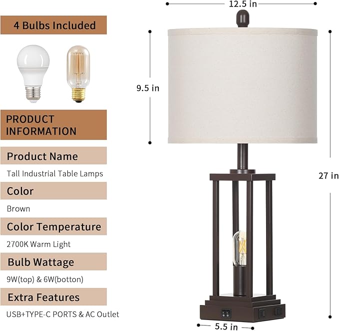 27" Tall Farmhouse Table Lamps Set of 2, Brown Industrial End Table Lamp for Living Room with Night Light, Rustic Bedside Lamps with USB C+A Ports & AC Outlet, Vintage Bedroom Lamp for Nightstand