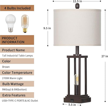 27" Tall Farmhouse Table Lamps Set of 2, Brown Industrial End Table Lamp for Living Room with Night Light, Rustic Bedside Lamps with USB C+A Ports & AC Outlet, Vintage Bedroom Lamp for Nightstand