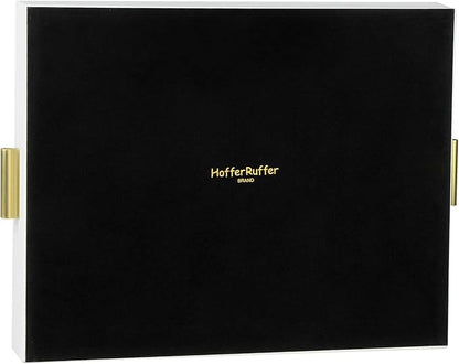 HofferRuffer Extra Large Serving Tray with Handles, Elegant Faux Leather Storage Decorative Tray for Coffee Table, Ottoman, Console Table (White Tray+Golden Handle)