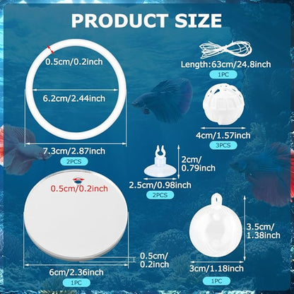 2pcs Bettas Fish Enrichment Toys Ring with Mirror & 2 Bio Filter Balls Betas Exercise Loop Toys Bett a Fish Exercise Ring Suitable for Fishs Tank, Aquarium(Color:White)