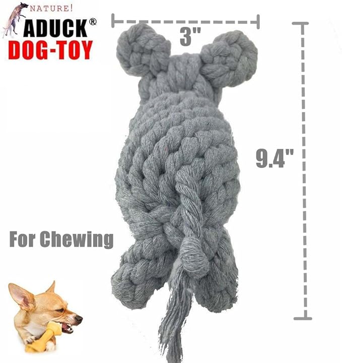 ADUCK Puppy Dog Rope Toy for Teeth Cleaning, Chew-Proof Dental Care & Training Reward | Durable Cotton Heather Gray Elephant for Small & Medium Dogs