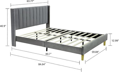 Low Profile Upholstered Platform Bed,Queen Beds with Dark-Grey(Velvet)