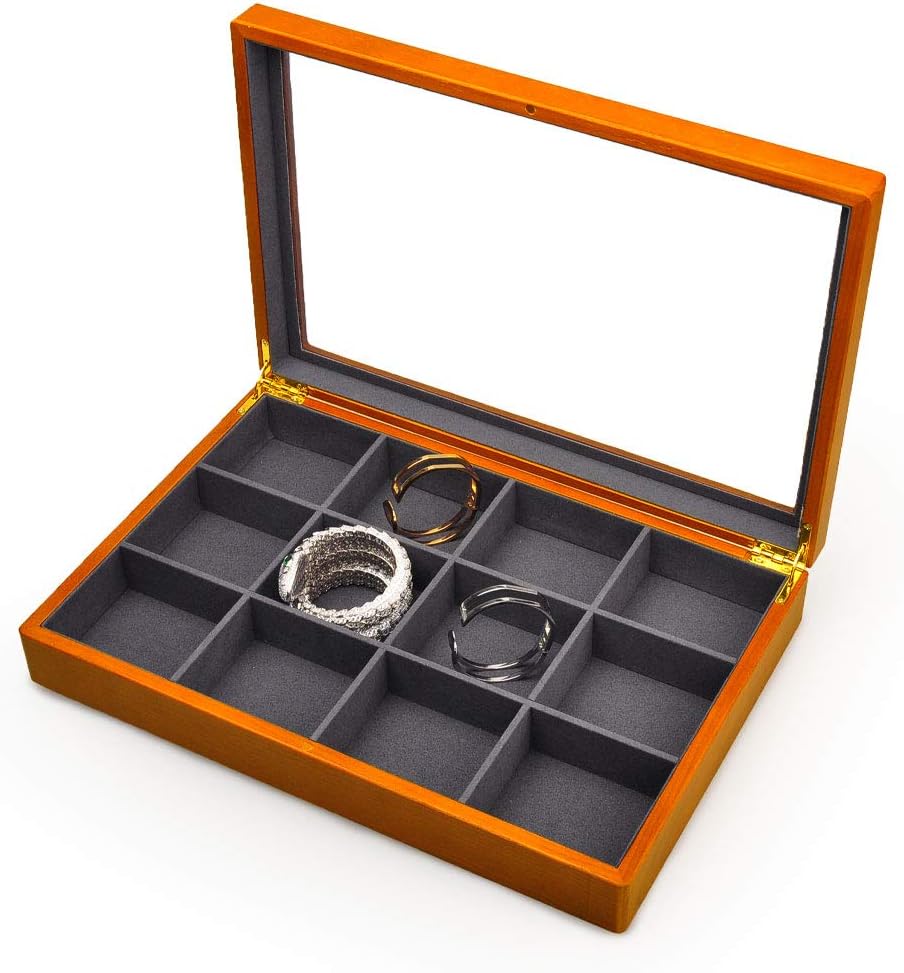 Oirlv 12 Grids Vintage Solid Wood Jewelry Box Microfiber Lining Earrings Bracelets Necklace Storage Jewelry Drawer Organizer Tray with Lid